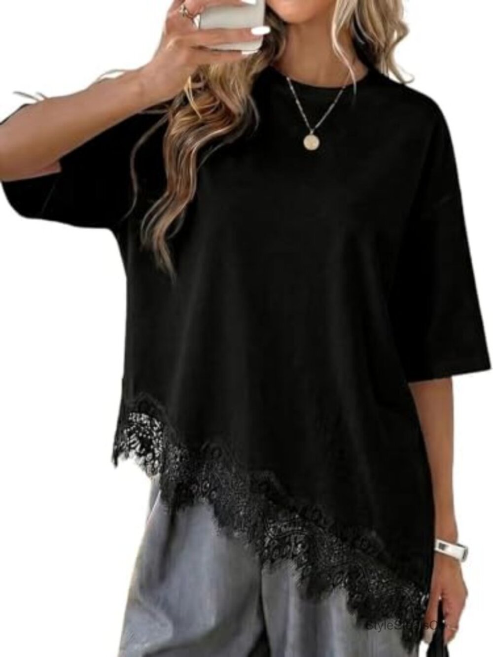 Lace Patchwork Asymmetrical T-Shirt Cotton Crewneck Short Sleeve Top